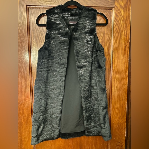 Bibhu Mohapatra Black Faux Fur Sequin Long Vest Jacket One Size